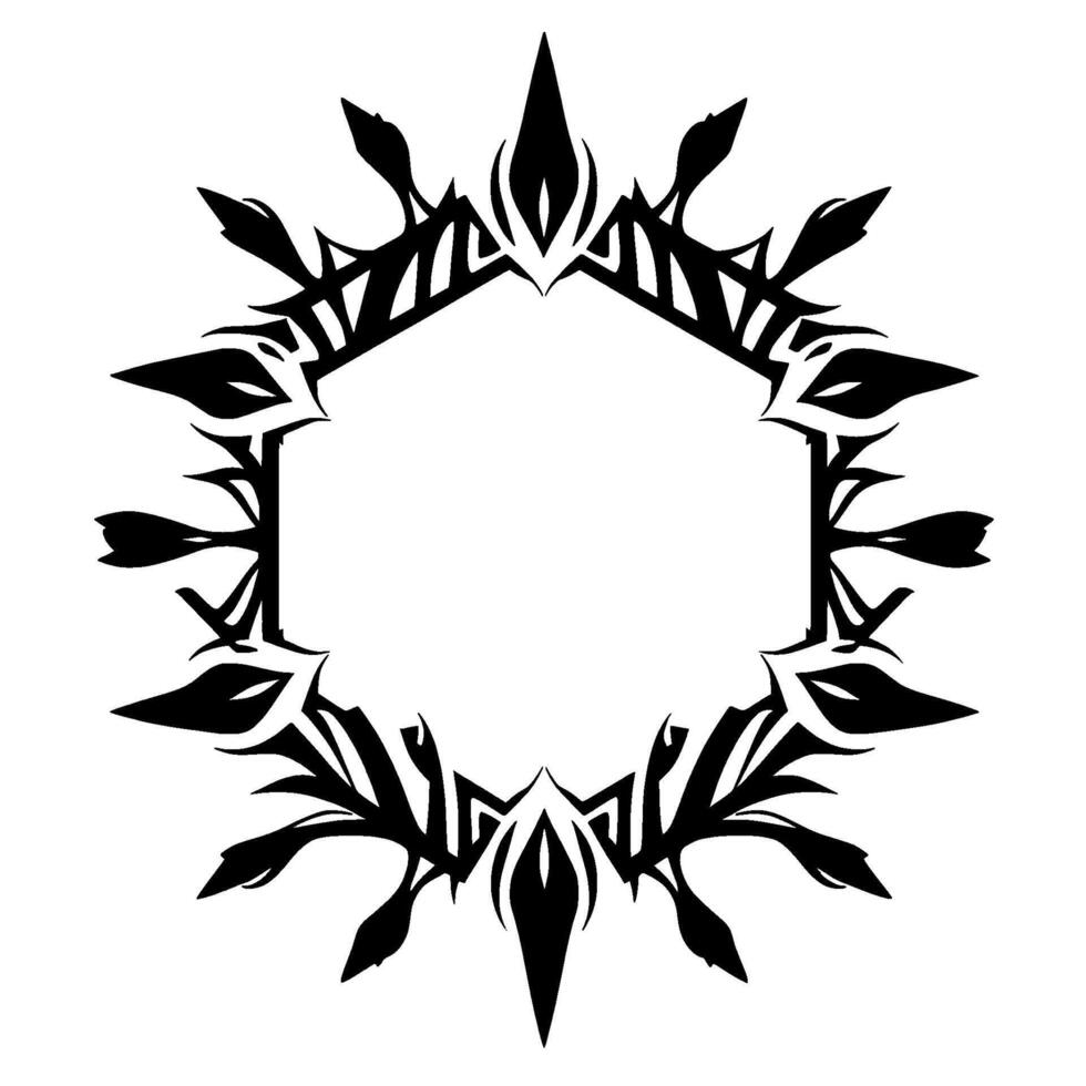 Intricate Black White Geometric Floral Frame with Stylized Leaves, Pointed Petals, and Hexagonal Center for Embellishment. vector