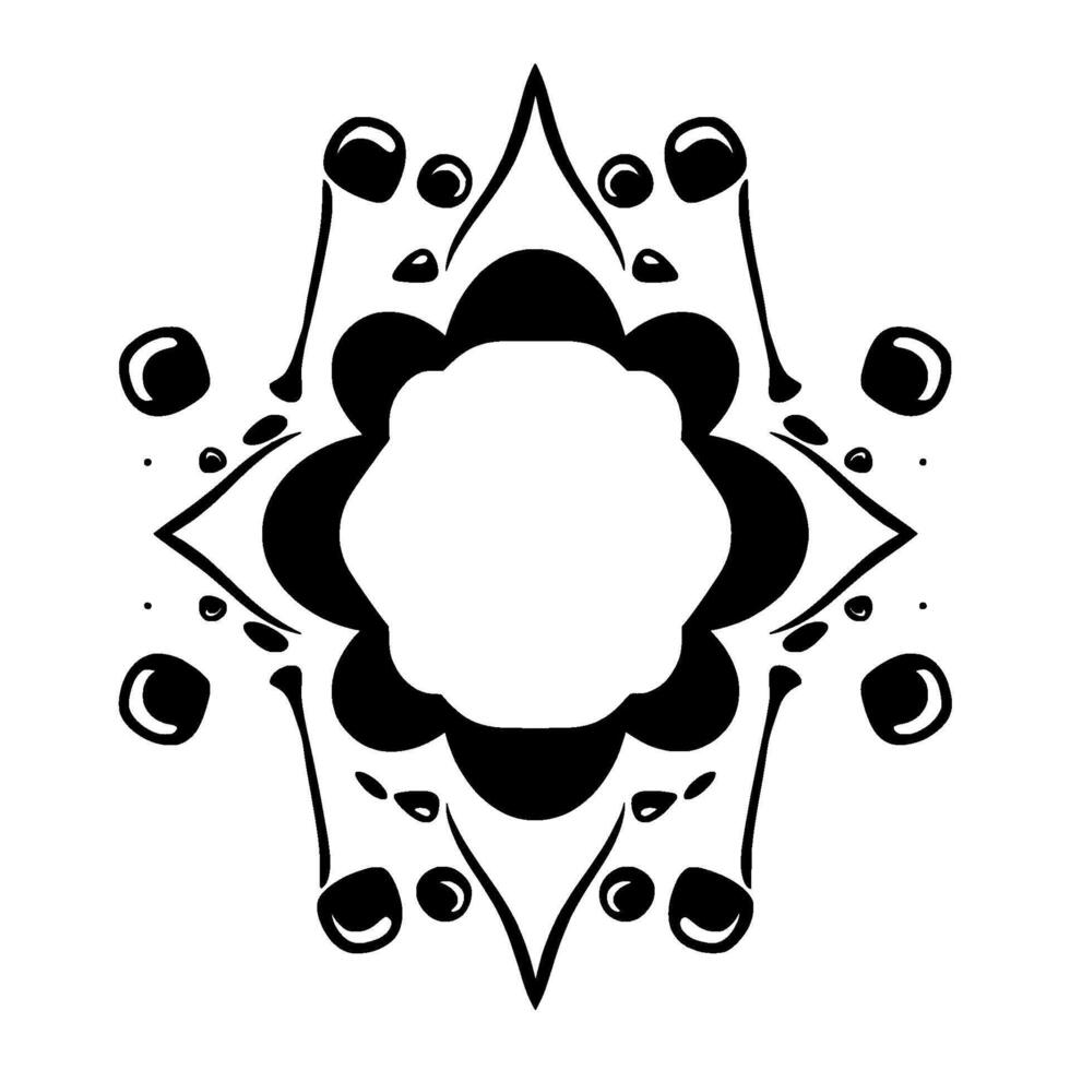 Symmetrical Black and White Floral Mandala Ornament with Droplet and Crescent Accents, Isolated on White Background vector