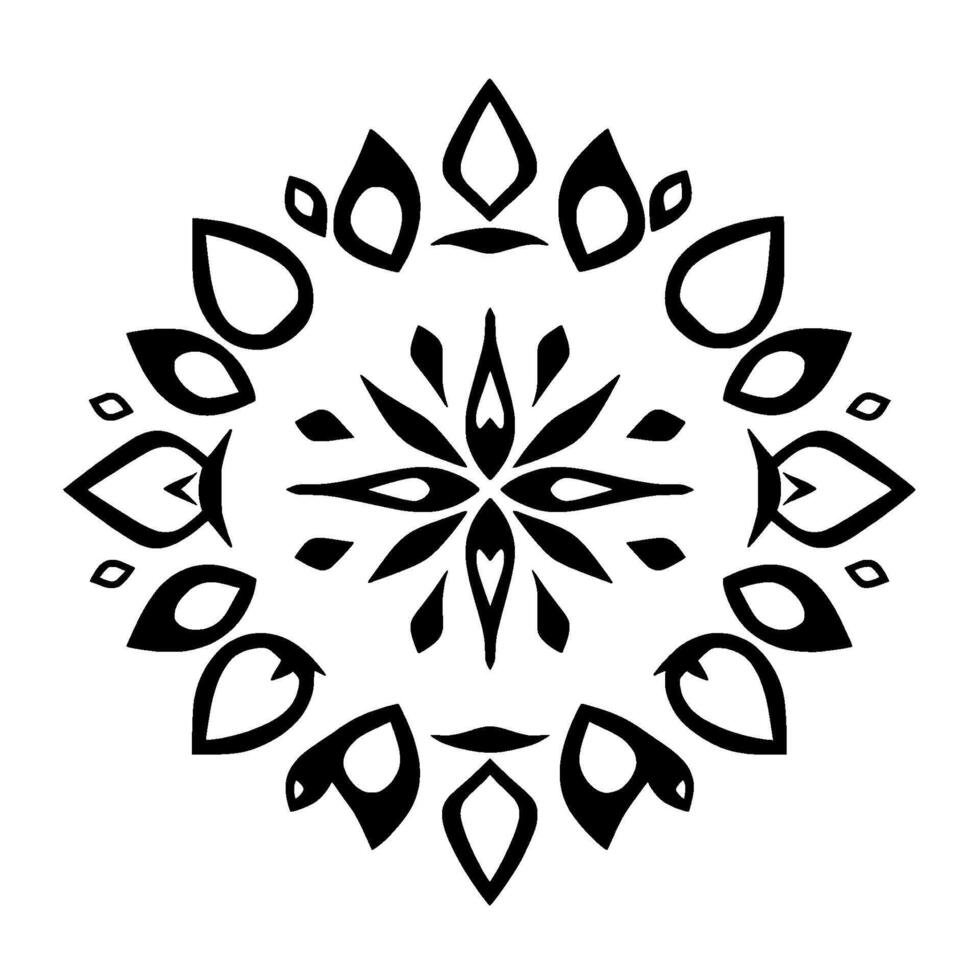 Symmetrical black and white ornamental featuring a central flowerlike pattern, surrounded by stylized leaf and teardrop shapes, all arranged in a radiating, geometric composition against a pla vector
