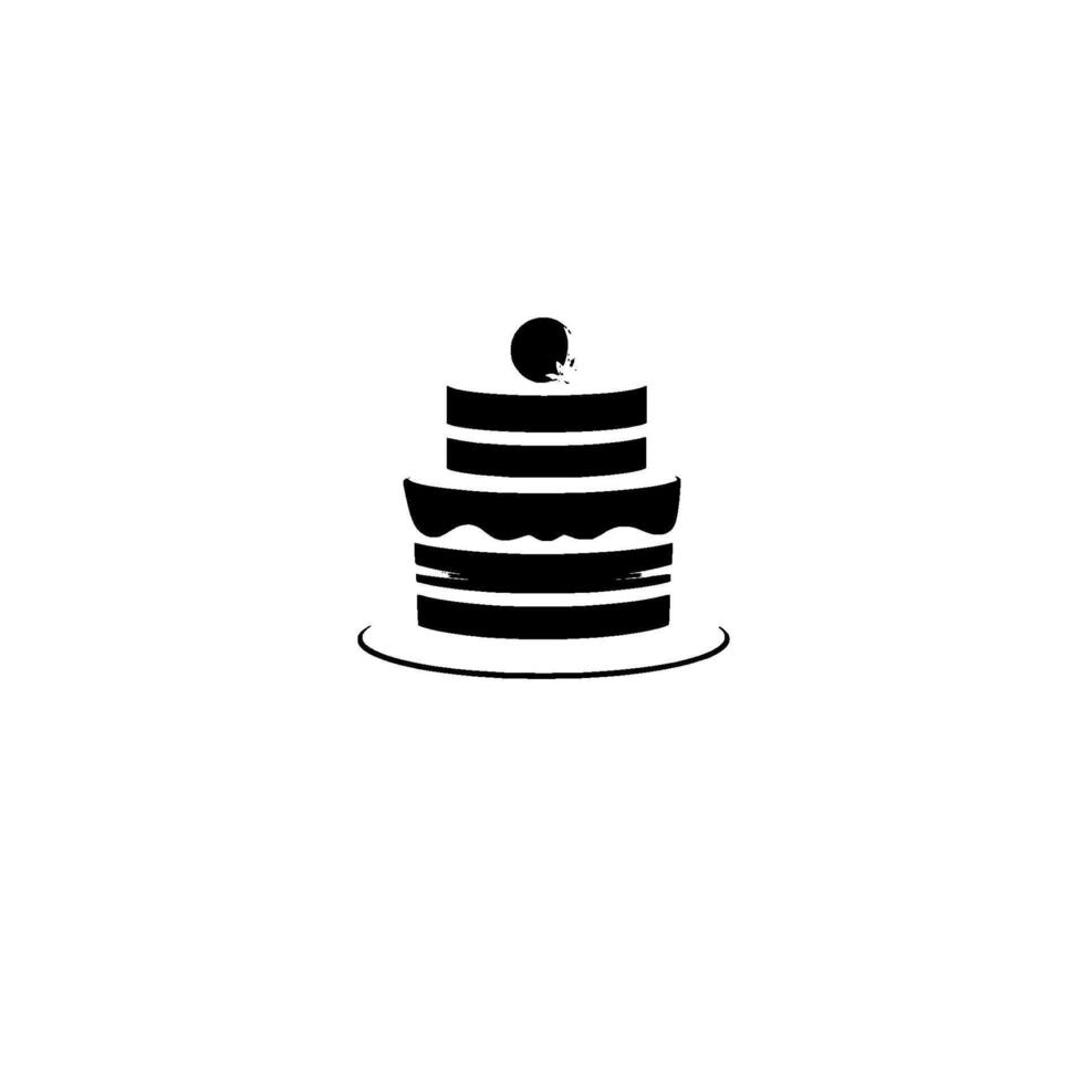 Minimalist black and white tiered cake illustration with round topper, and a single small green leaf, set on a white background. vector
