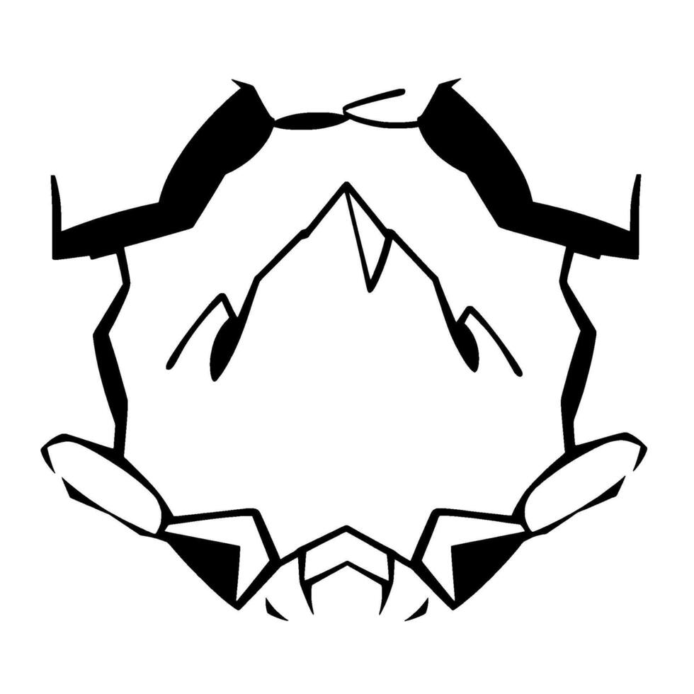 Symmetrical black and white abstract composition resembling a geometric face, with sharp angles and a minimalist aesthetic. vector