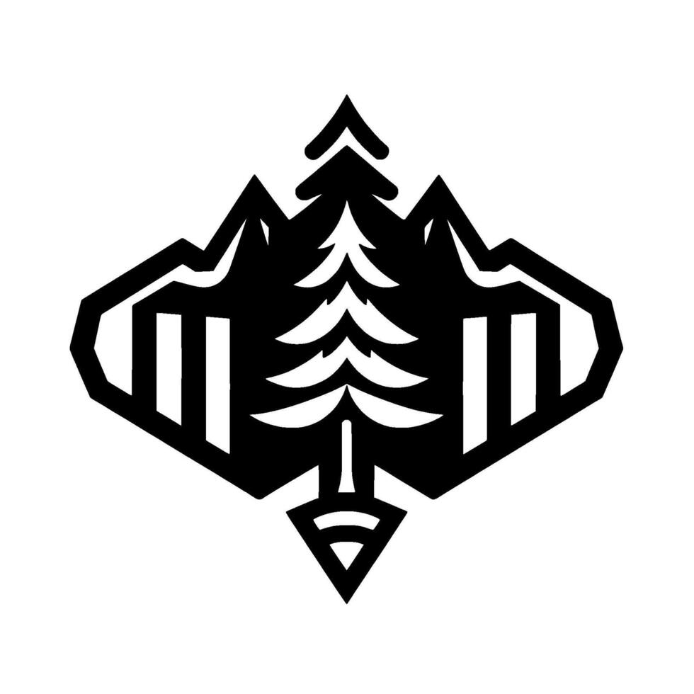 Bold Black and White Stylized Pine Tree and Mountain in DiamondShaped Frame, Clean , Outdoor Theme. vector