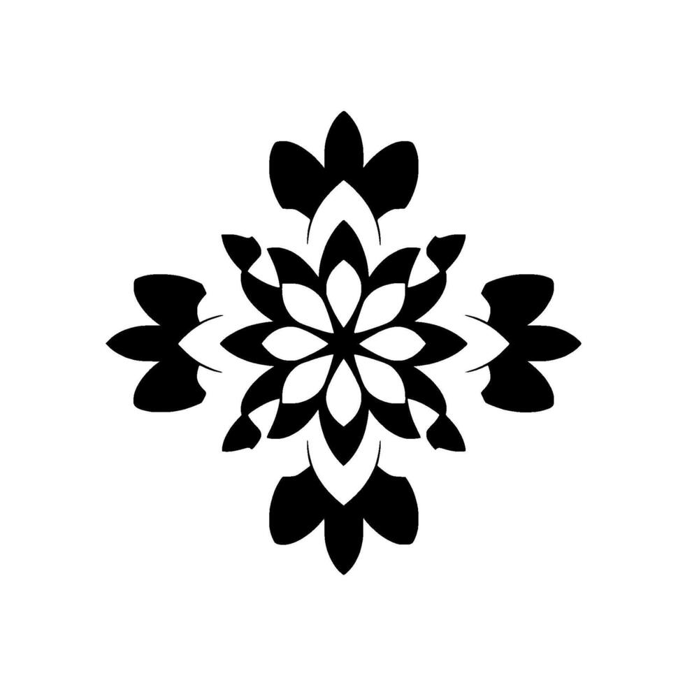Symmetrical Black Floral Pattern on White Background A Modern Geometric , Reminiscent of a Snowflake or Mandala, with Bold, Simple Lines. vector