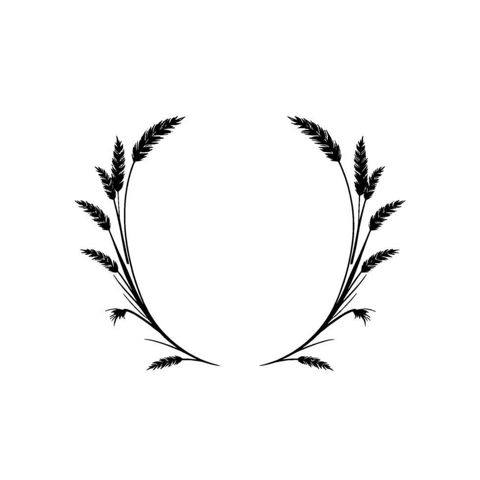 Delicate monochrome illustration of a wheat wreath, symmetrically arranged, set against a clean white backdrop. vector