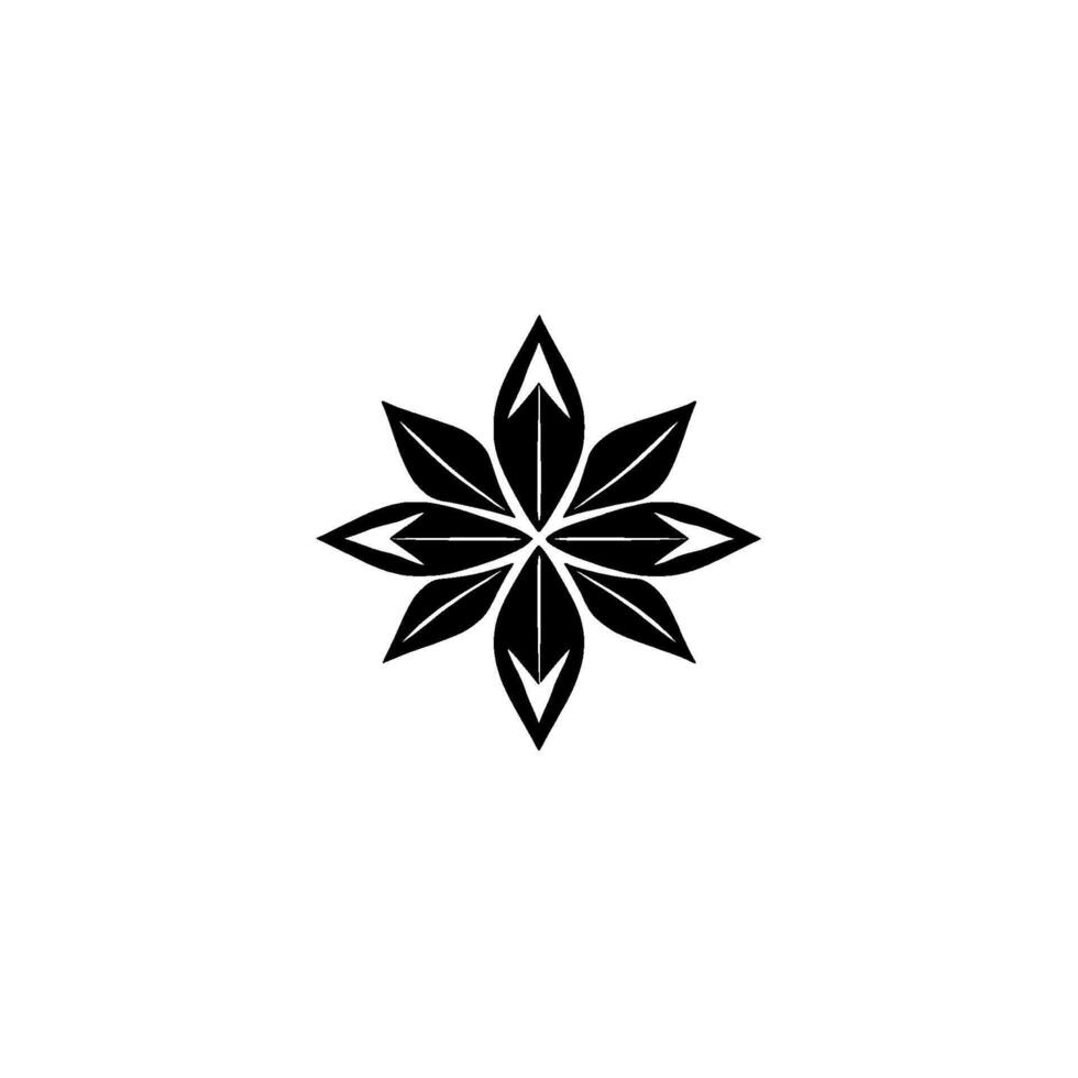 Geometric black starshaped floral with sharp leaflike petals, centered on a bright white background, creating a minimalist aesthetic. vector