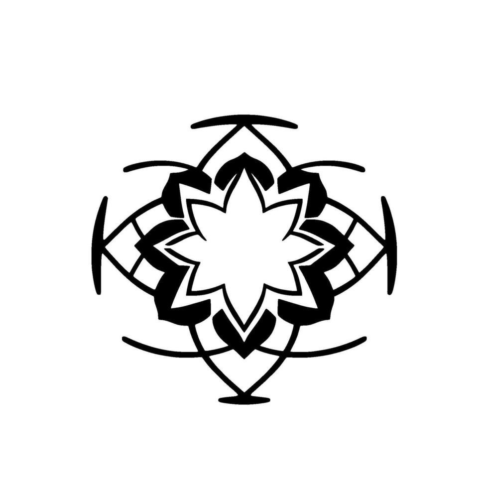 Black and white, symmetrical floral mandala with an eightpointed star center and elaborate surrounding geometric patterns, isolated. vector