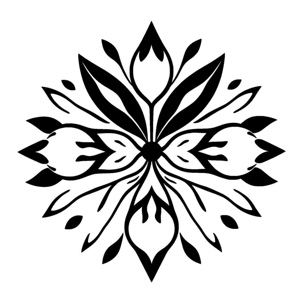 Symmetrical, geometric floral in stark black and white, featuring stylized leaves and a central focal point, creating a balanced and ornamental composition. vector