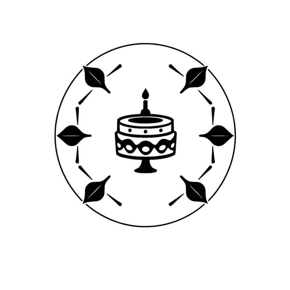 Elegant Black and White Cake with Leafy Border, Candle, Decorative Elements, and Copente Cake Text. vector