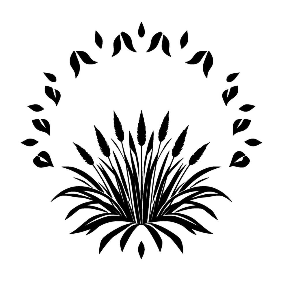 Black and white symmetrical floral featuring stylized plants with blades and wheat stalks, framed with a delicate leaflike halo. vector