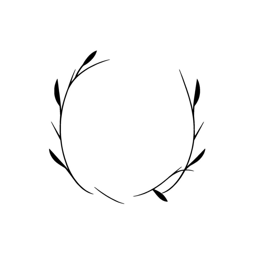 Minimalist Botanical Wreath Black Ink Branches with Leaves forming a Circular Frame on White Background. vector