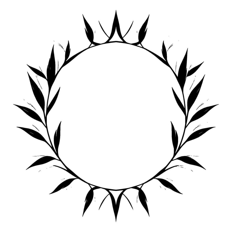 Elegant Black Leafy Wreath with Crown Elements Minimalist , White Background, Artistic Circular Frame. vector