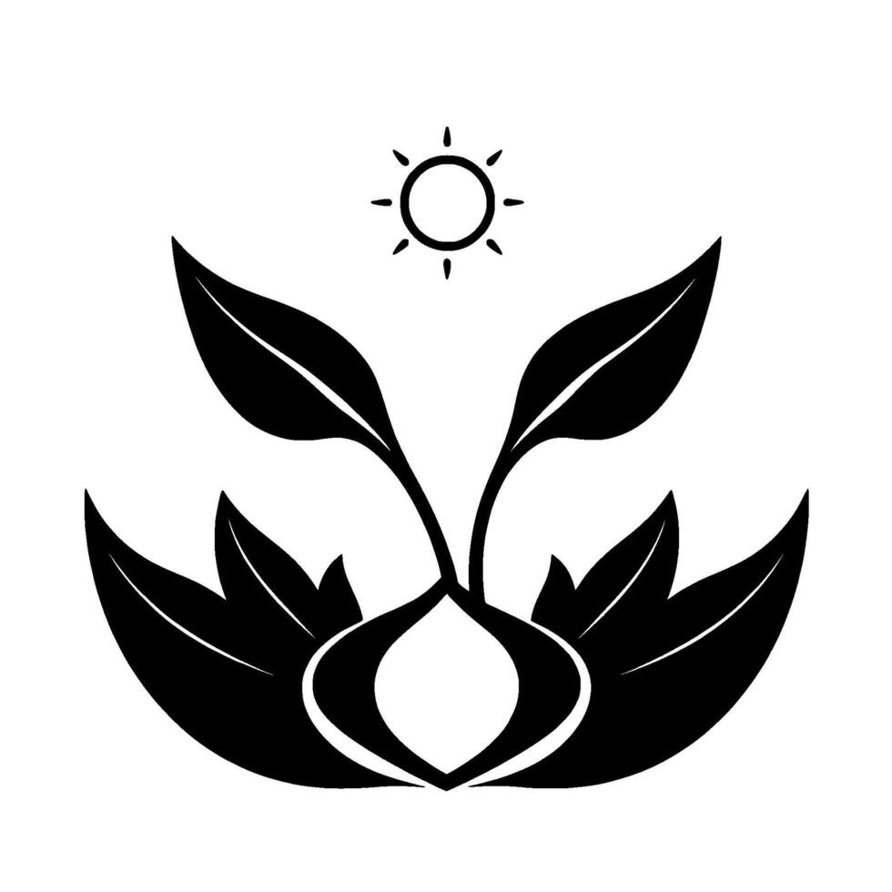 Symbolic Black and White Floral with Leaves, Sun, and Abstract BulbLike Shape, Modern and Minimalist Art vector