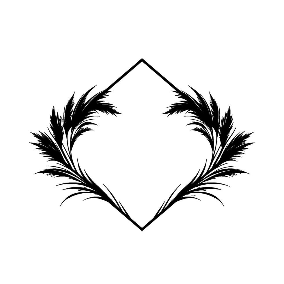 Black feathery botanical with a diamondshaped frame, isolated on a white background. vector