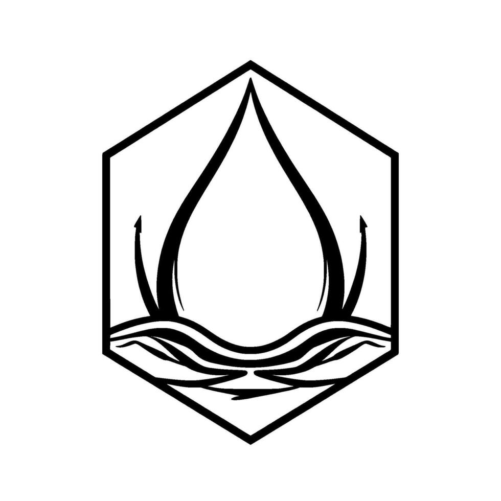 Black and white hexagonal emblem featuring a stylized droplike form and wave motif, symbolizing nature and growth. vector