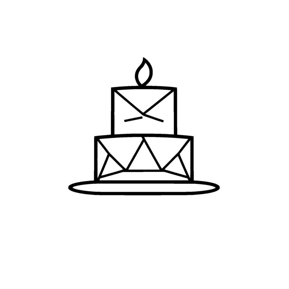 Minimalist Black and White Illustration of a TwoTiered Geometric Birthday Cake with a Lit Candle Flame on Top and a Plate. vector