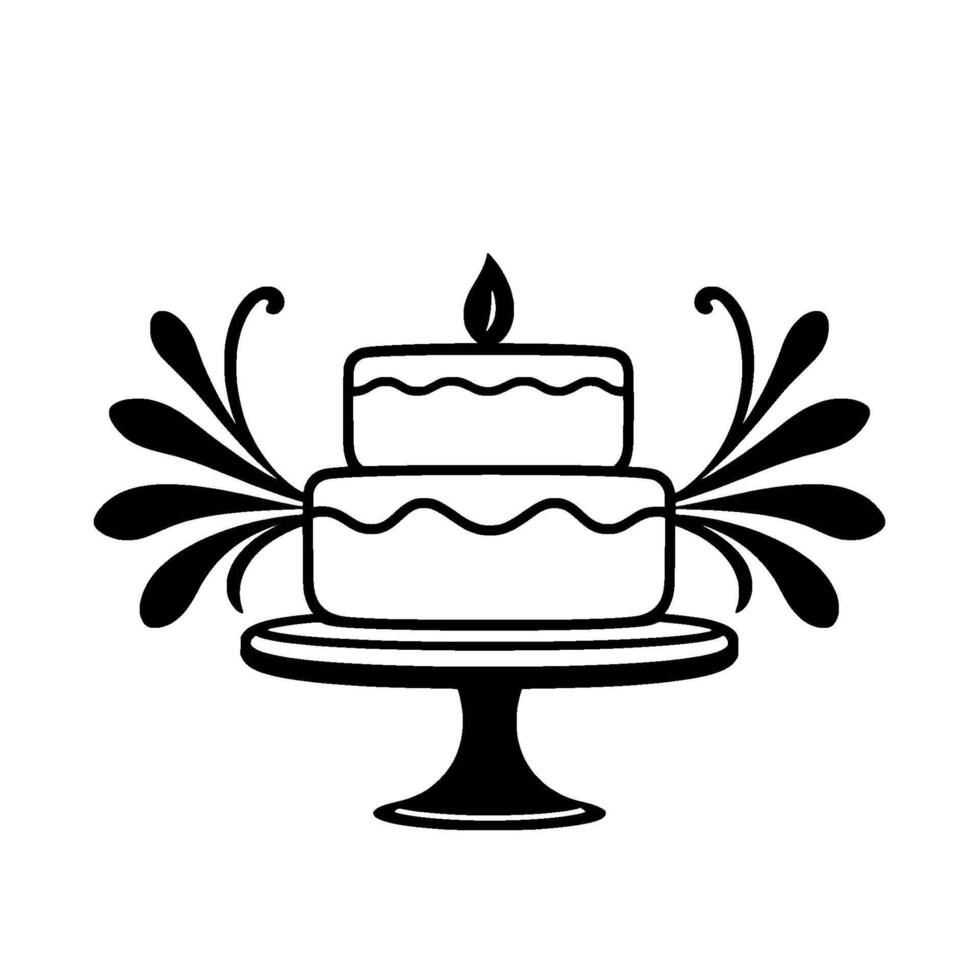 Twotiered cake with stylized leaf and decorative flourishes on a pedestal, in a minimalist black and white . vector