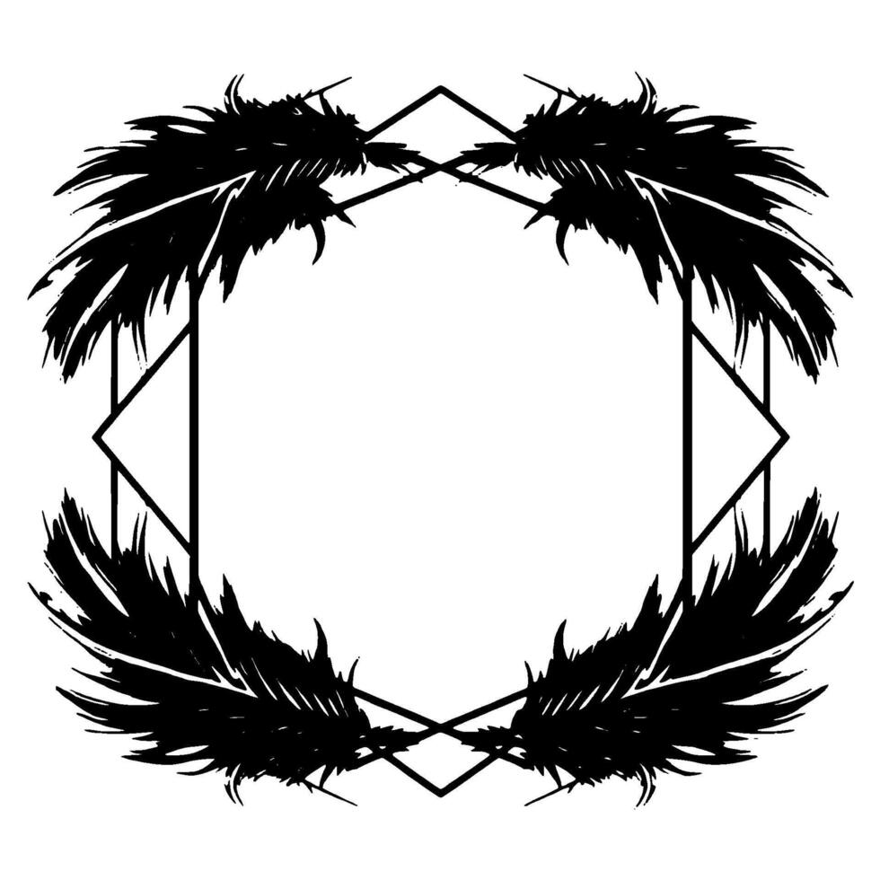 Artistic black feather and geometric frame composition, modern , minimalist white background. vector