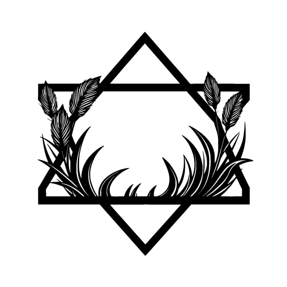 Black and white minimalist artwork Star of David frame filled with stylized grasses and plumes, on white. vector