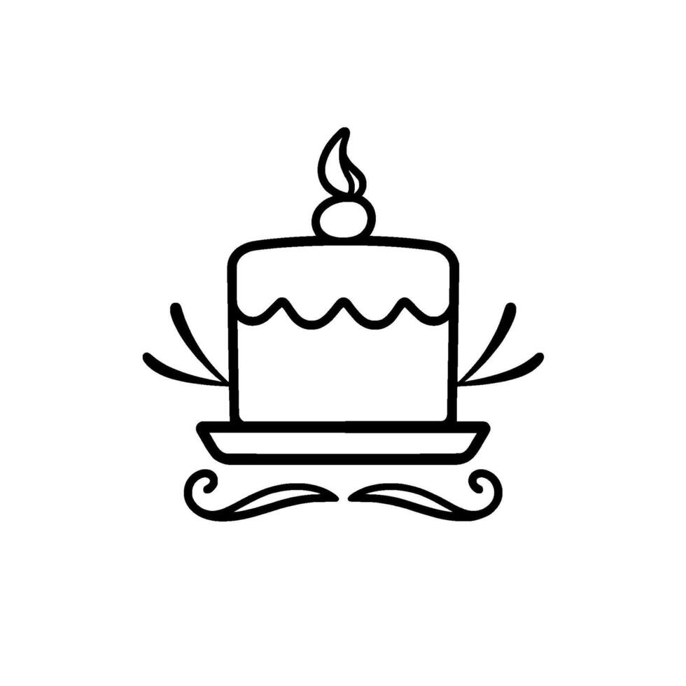 Minimalist Black and White Illustration of a Square Layer Cake with a FlameShaped Topper, Embellishments, and Decorative Base. vector
