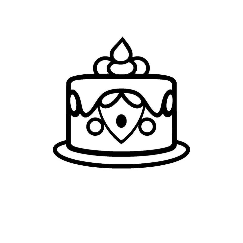 Bold, BlackandWhite, Simplified Cake Illustration with Ornate Details and Decorative Topping on a Round Plate. vector