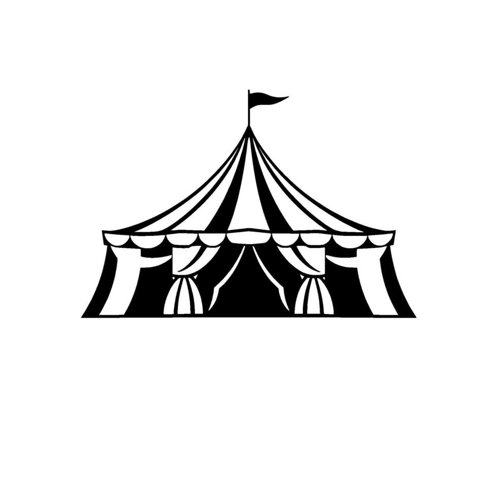 A stark, highcontrast, black and white illustration of a classic circus tent with a flag atop its peak. vector