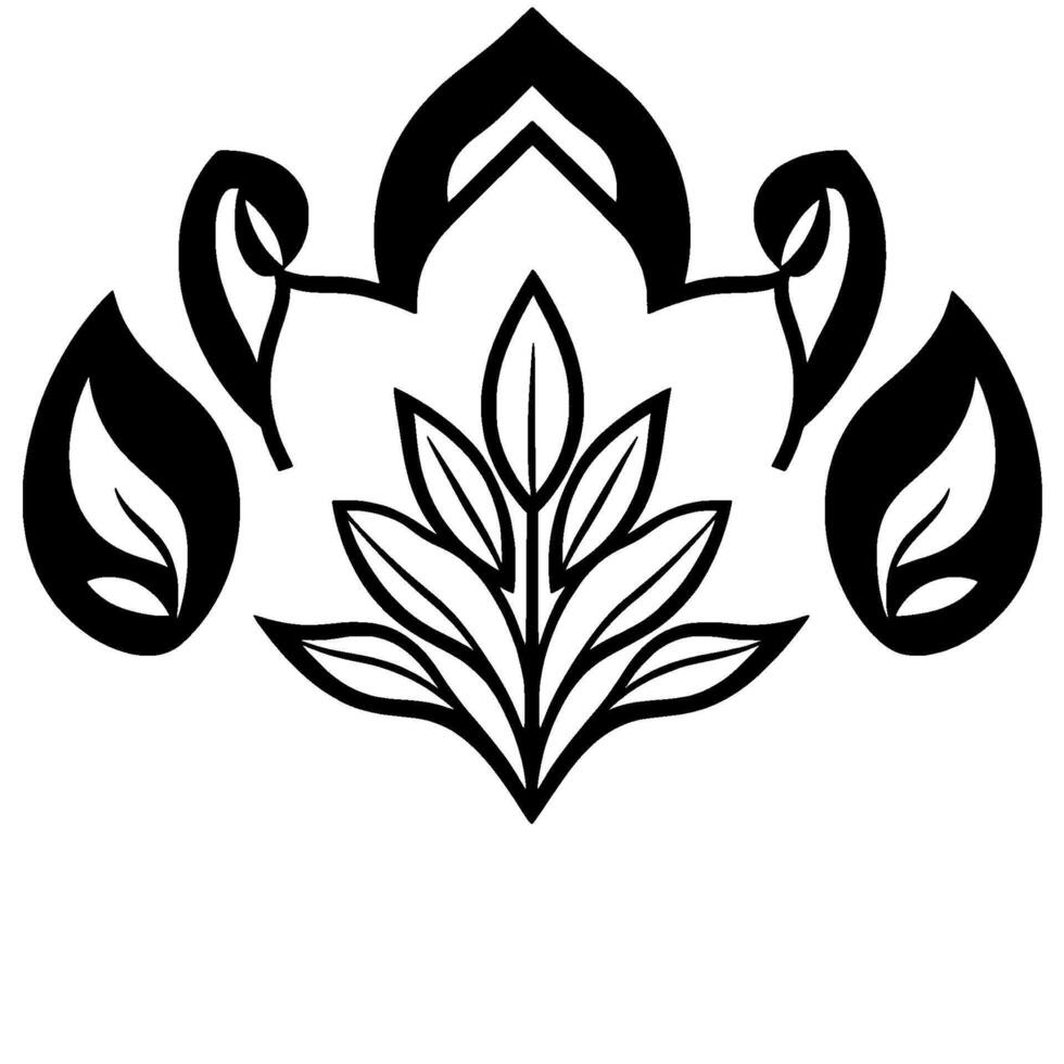 Bold, symmetrical, black and white botanical featuring a central leafy motif and teardrop elements on a white background, offering a modern, clean aesthetic. vector
