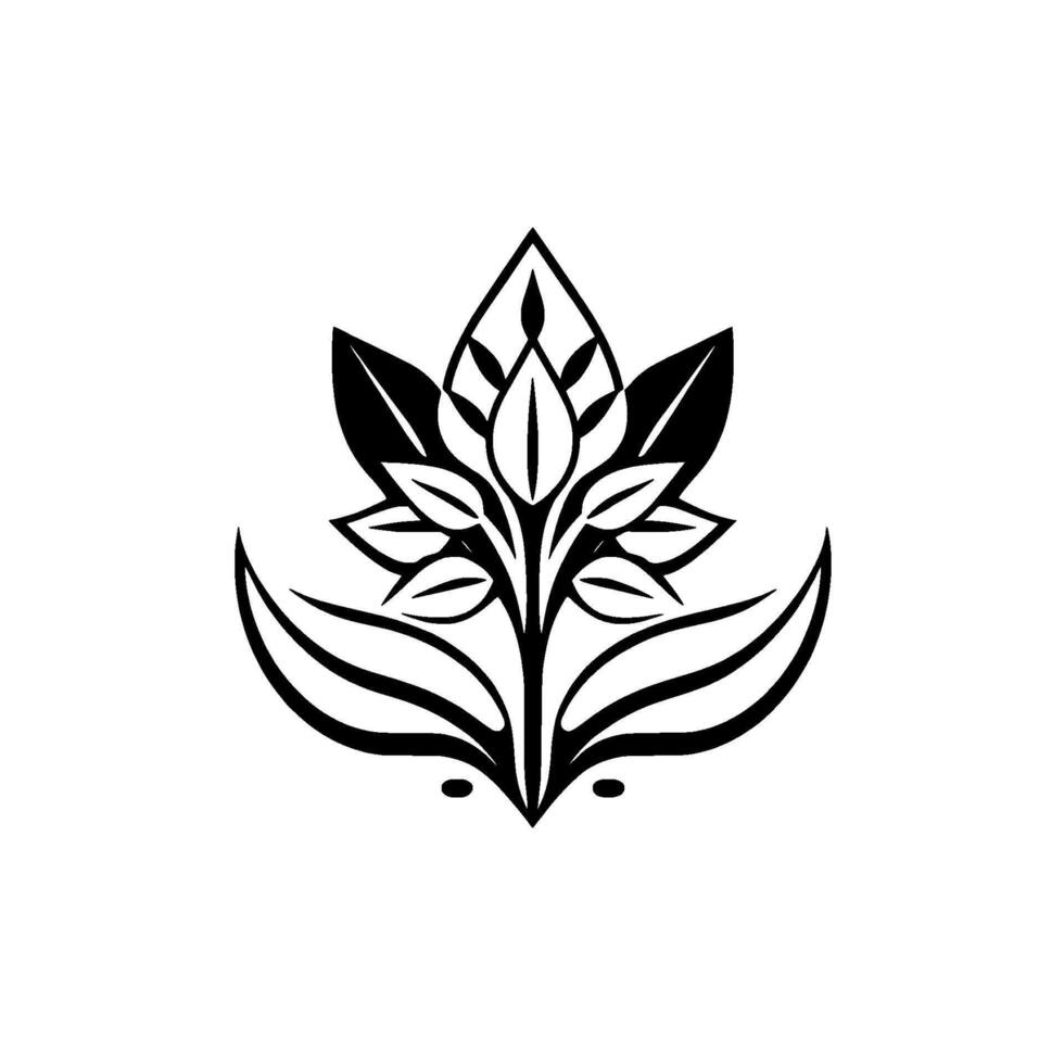 Symmetrical Black and White Floral Crest with Leafy Accents Modern Art on a White Background. vector