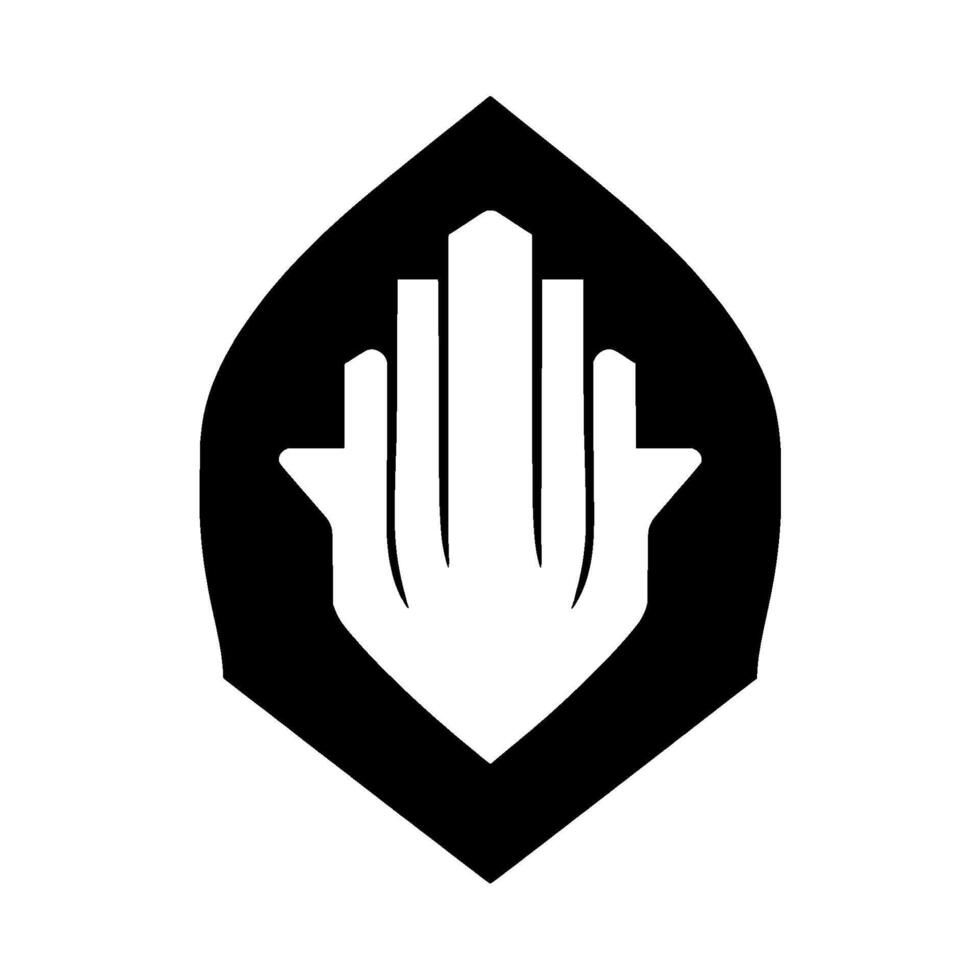 A symmetrical black and white a stylized open palm with city buildings in a shield. vector
