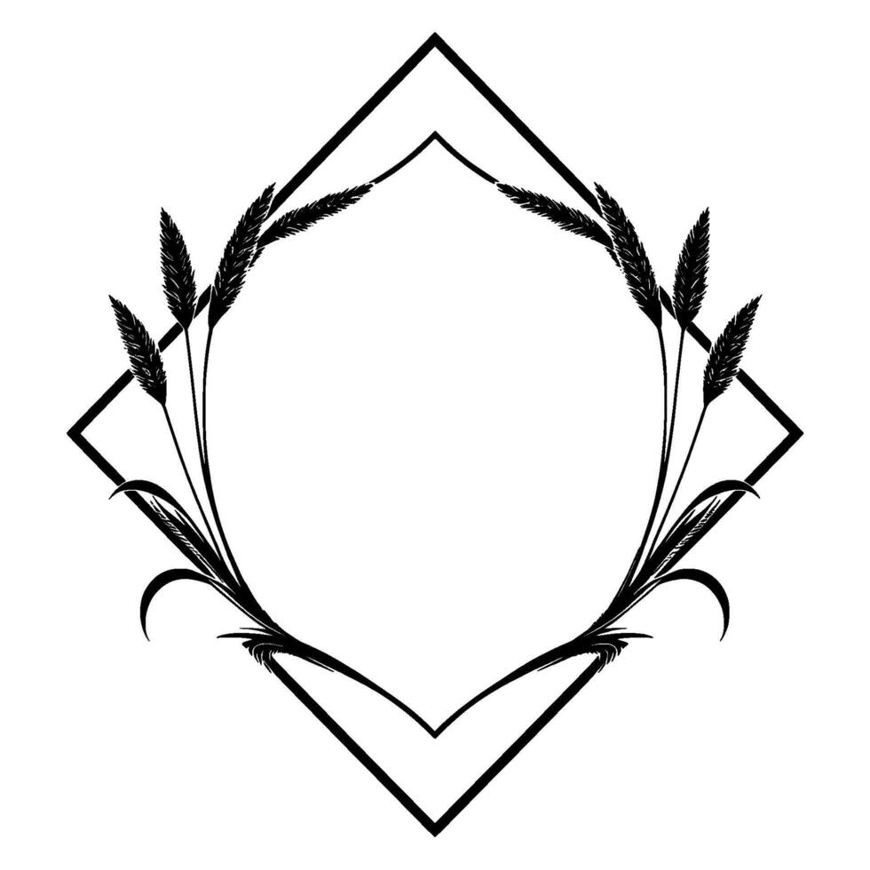 Black and white minimalist floral illustration featuring wheat and leaves arranged inside a geometric diamond frame. vector