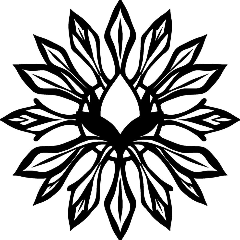 Intricate Black and White Floral Mandala, Detailed Symmetrical with Stylized Petals and Leafy Accents, High Contrast. vector