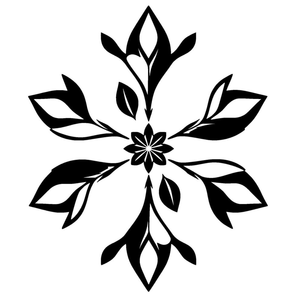 Symmetric, Black and White Floral with a Central Flower and Leafy Extensions Radiating Outward. vector