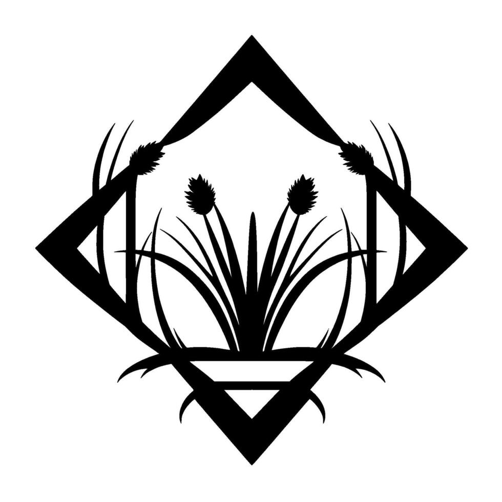 Stylized Black and White Geometric Composition of Grasses Within a Diamond Shape, Decorative and Symbolic. vector