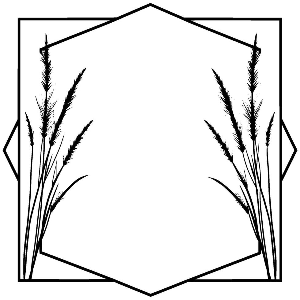 Black and white geometric frame with delicate ornamental grasses on each side, creating a minimalist . vector
