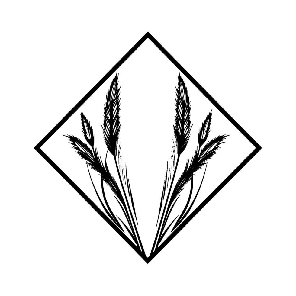 Stylized Black Wheat Grass in a Rhombus Frame, a Minimalist Black and White Composition. vector
