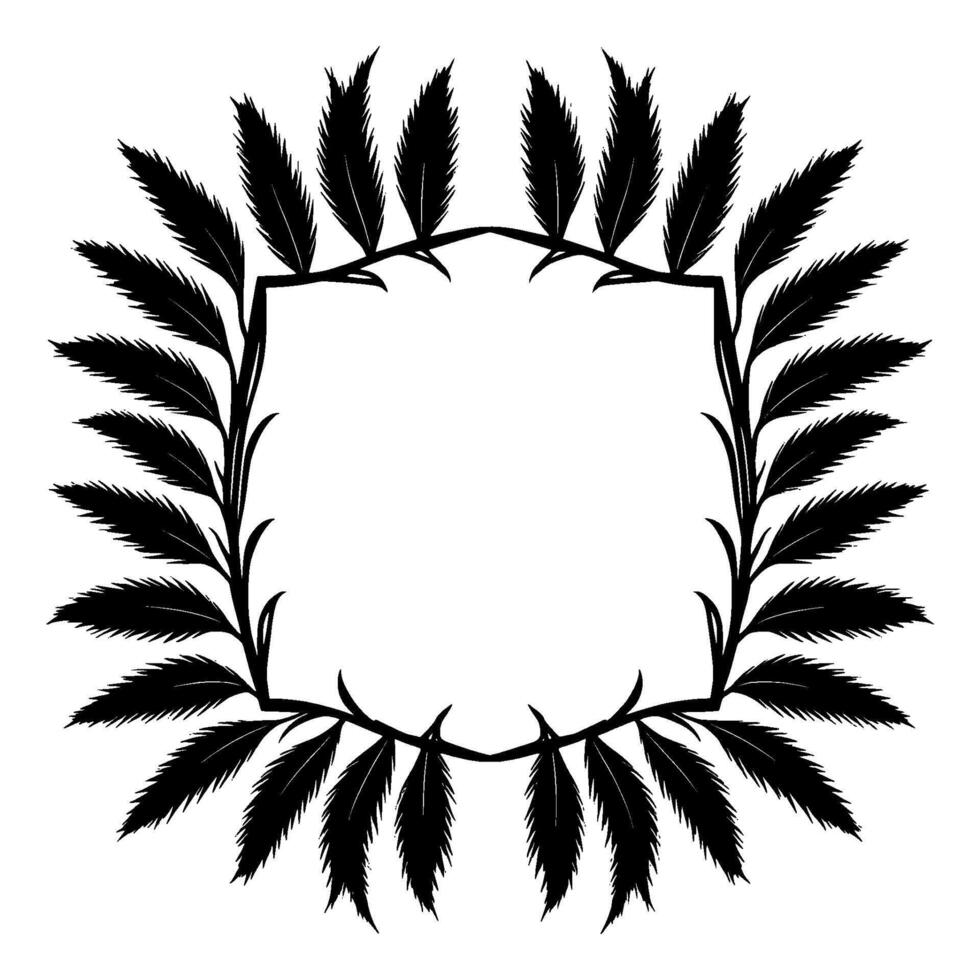 Black feather border, symmetrical square frame with detailed plumes, elegant , and a minimalistic isolated composition on white. vector