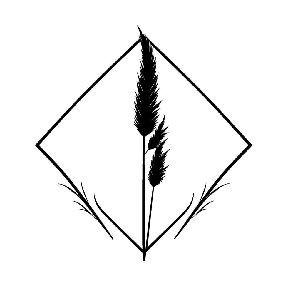 Minimalist black and white illustration featuring stylized ornamental grass inside a diamond frame against a white backdrop. vector