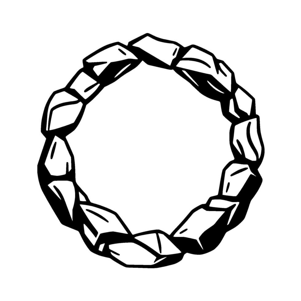 A stylized, black and white circular frame composed of geometric stone shapes, creating an empty central space. vector