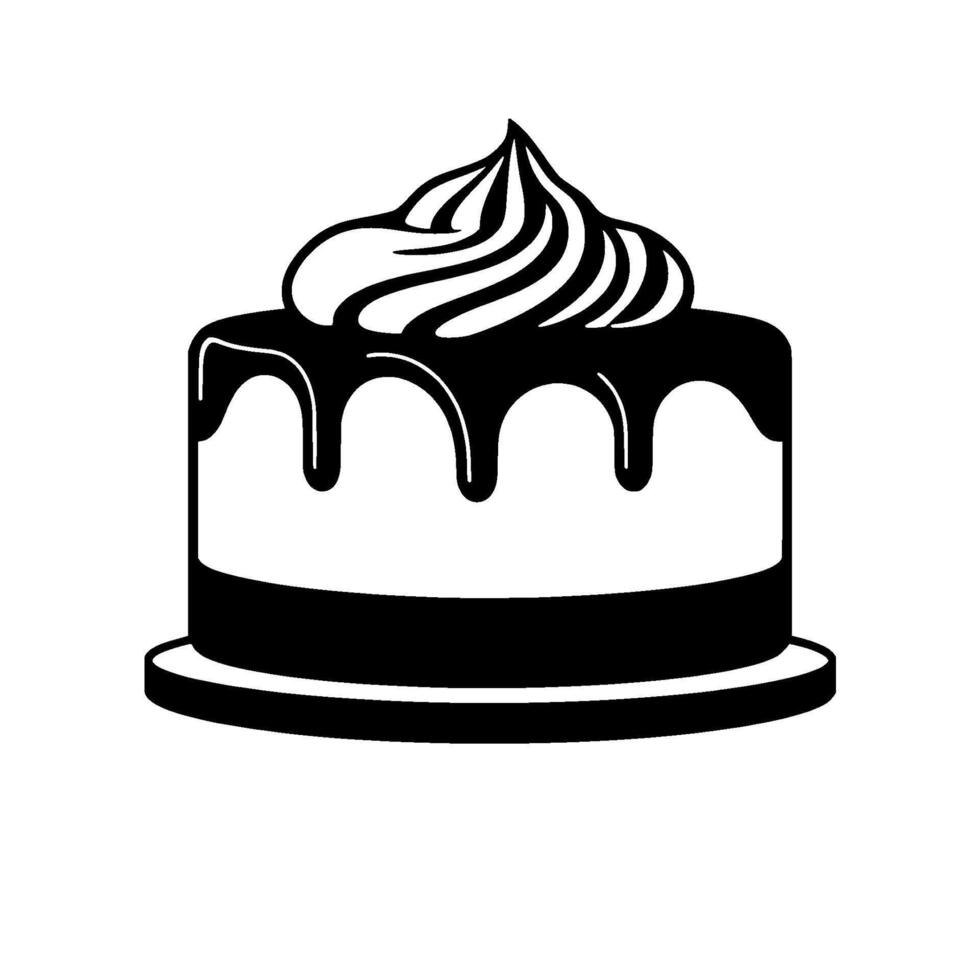 Minimalist Black and White Cake Illustration with Drizzled Chocolate and Whipped Cream Swirls on a Round Base. vector