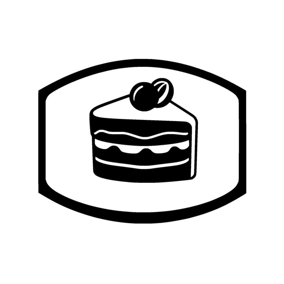 Bold black and white illustration of a layered cake slice with a cherry topping, centered within a stylized framed . vector