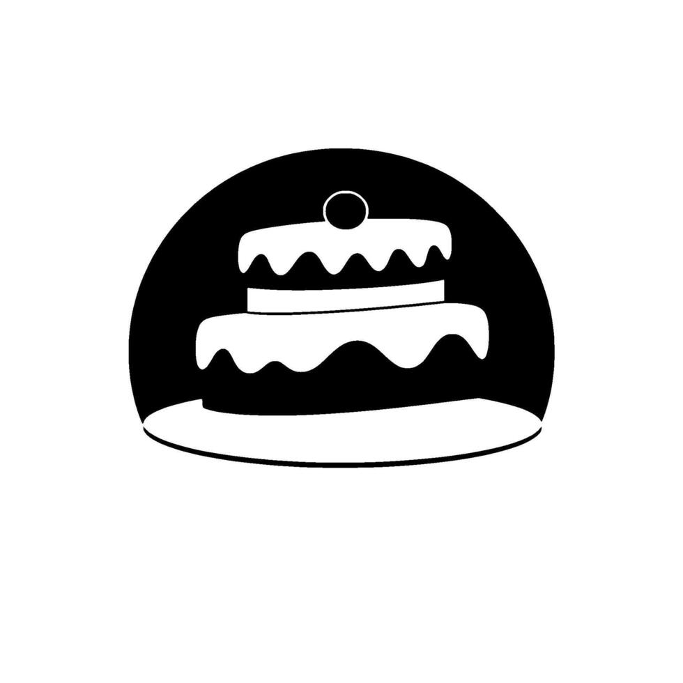 Simple Monochrome Illustration of a TwoTiered Cake with a Single Cherry on Top within a Dark Rounded Background, Isolated. vector