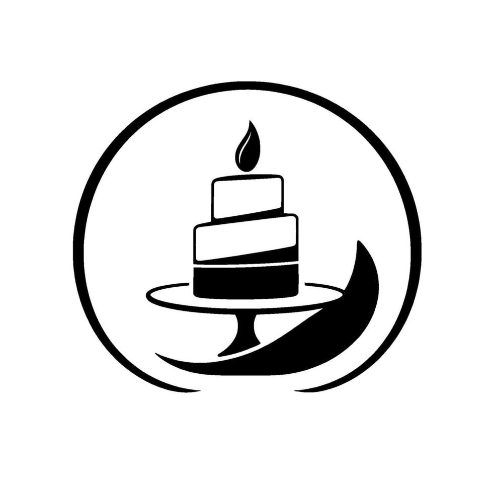 Elegant Black White Circle Tiered Cake with Lit Candle on a Pedestal, Moonlike Accent vector