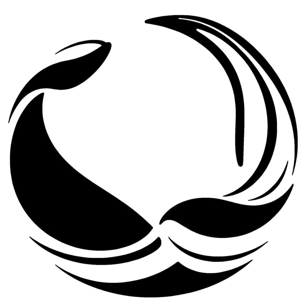 Circular minimalist black and white with whalelike shape, resembling a stylized water or animalrelated emblem. vector