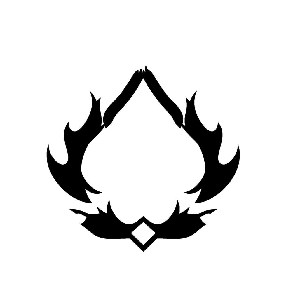 Symmetrical black and white abstract , teardropshaped frame with flamelike edges, centered, a diamond at the bottom. vector