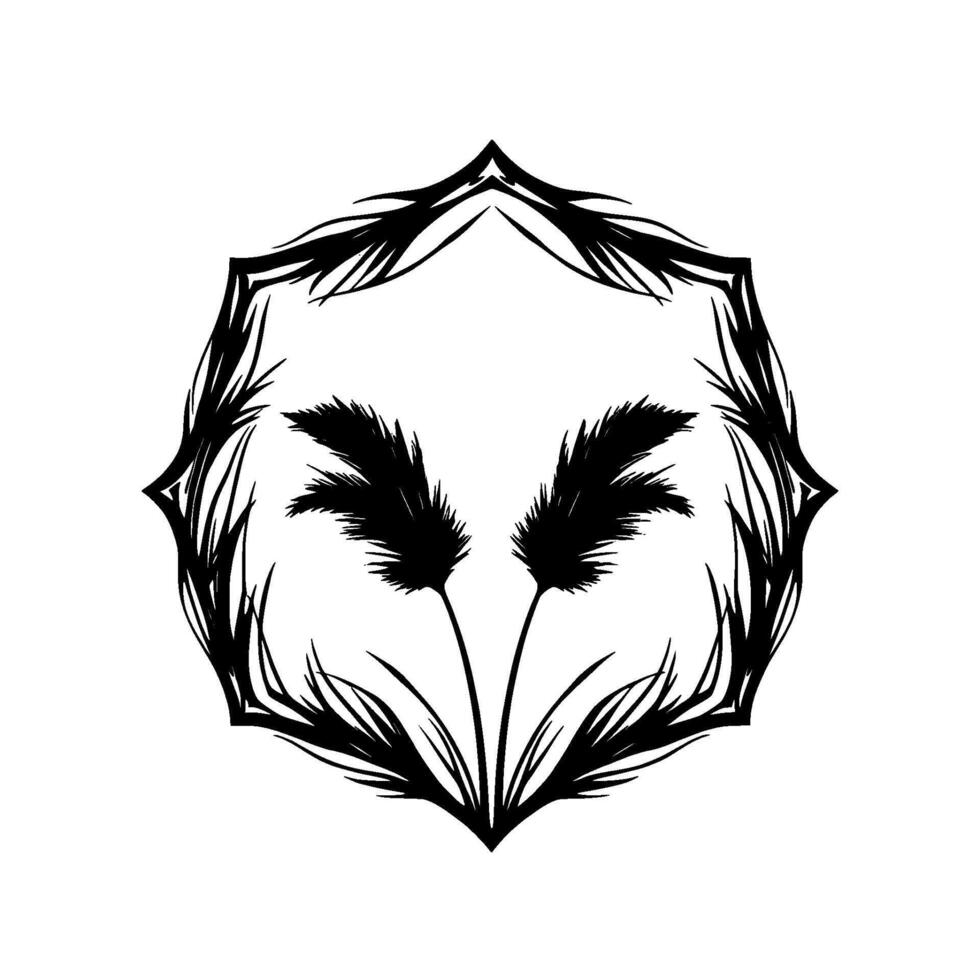 A symmetrical, minimalist botanical illustration featuring two feathery flower plumes enclosed by a stylized, ornate black border on a white background. vector