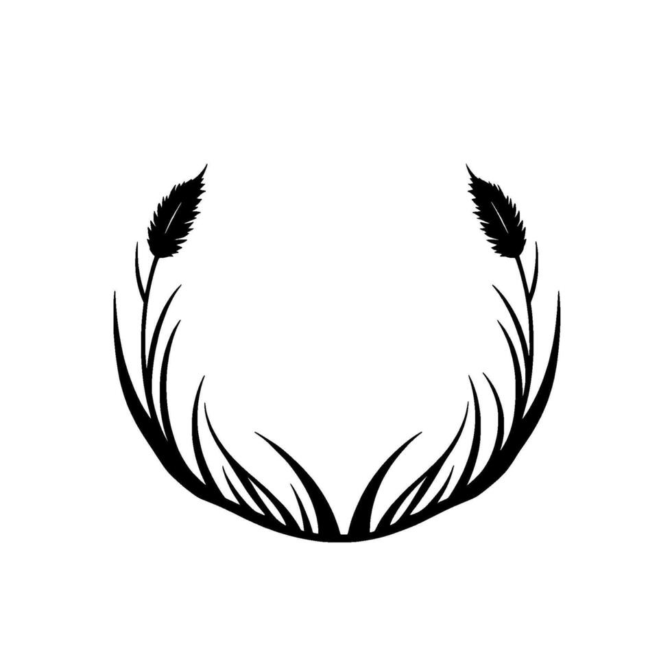 Simple, symmetrical monochrome featuring stylized wheat and grass forming a circular frame against white background, conveying nature and tranquility. vector