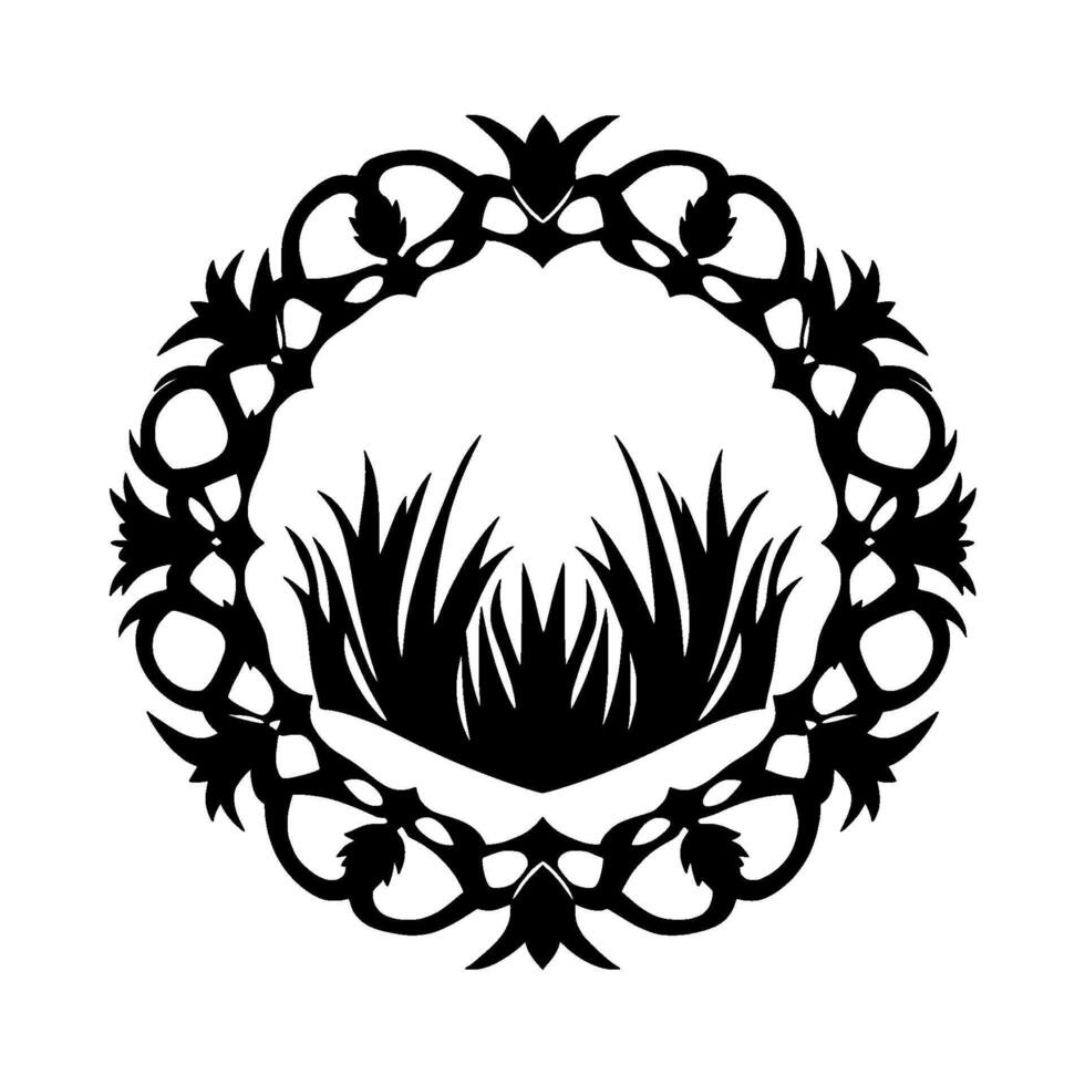 Intricate black silhouette of a botanical wreath encompassing stylized grass, evoking elegance and natures harmony, against white. vector