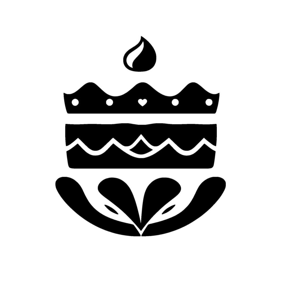 Stylized Black and White Birthday Cake with a Crown, Candle, and Decorative Base. vector