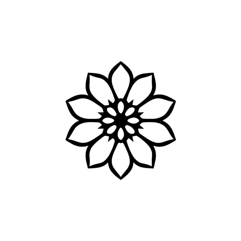 Isolated black outline of a stylized flower blossom, symmetrical , petals arranged in a circular pattern against a stark white background. vector
