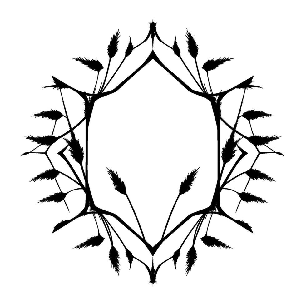 Monochrome geometric floral , an ornate hexagonal frame decorated with delicate branches and feathery textures, creating a symmetrical and minimalist aesthetic, isolated on white. vector