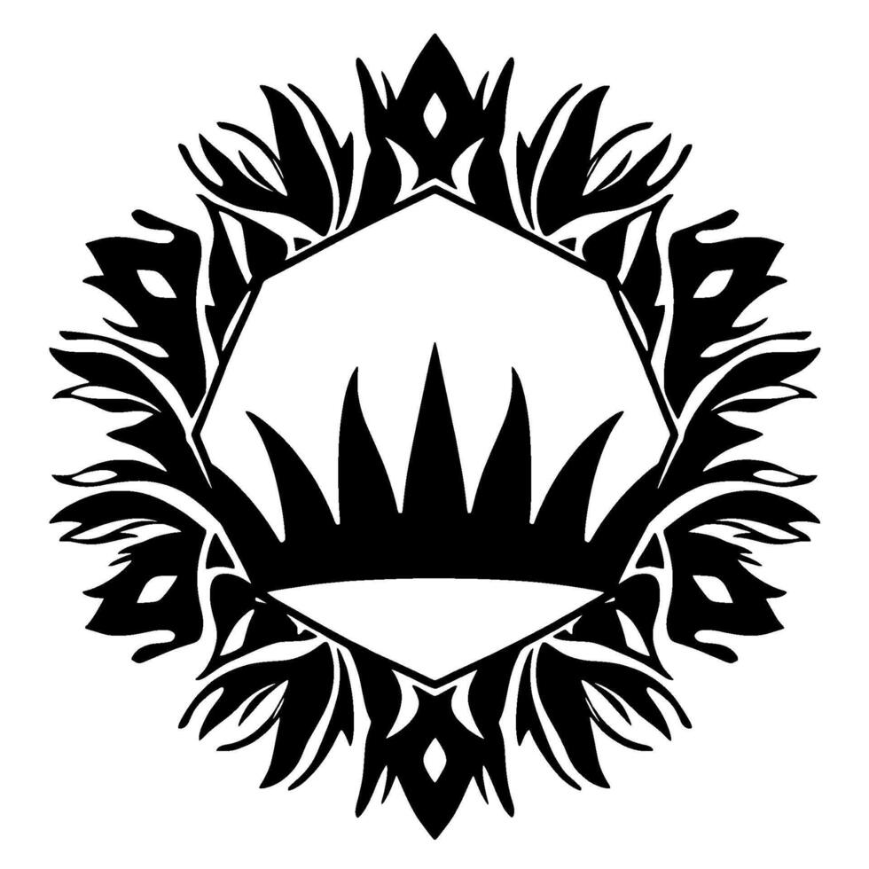 Ornate Black and White Crown Crest in a Floral Wreath, Depicting Regal Elegance and Botanical Symmetry. vector
